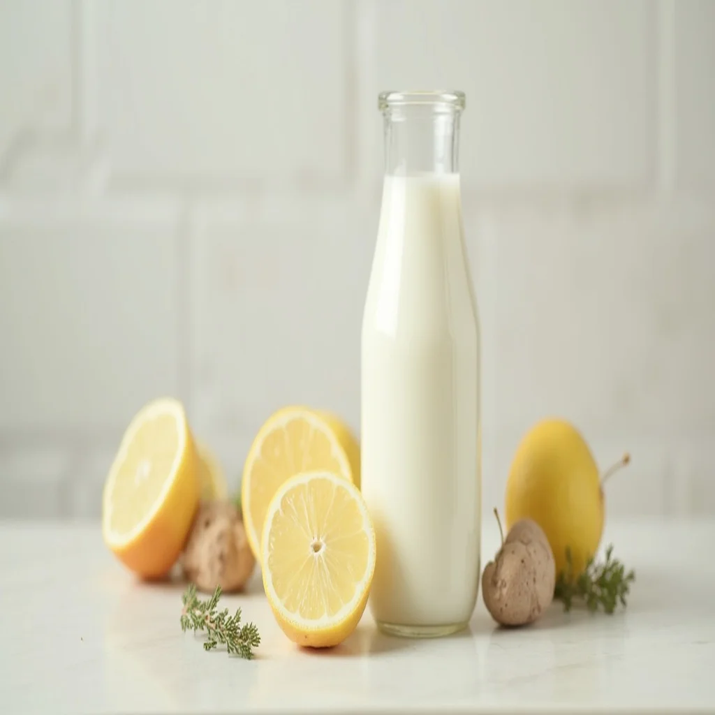 Grãos de kefir de leite em pote de vidro sobre bancada de madeira